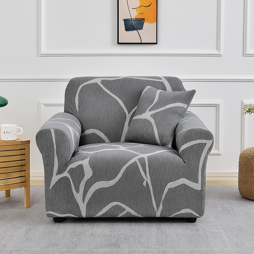 Housse pour fauteuil grise avec motifs abstraits blancs – extensible et lavable