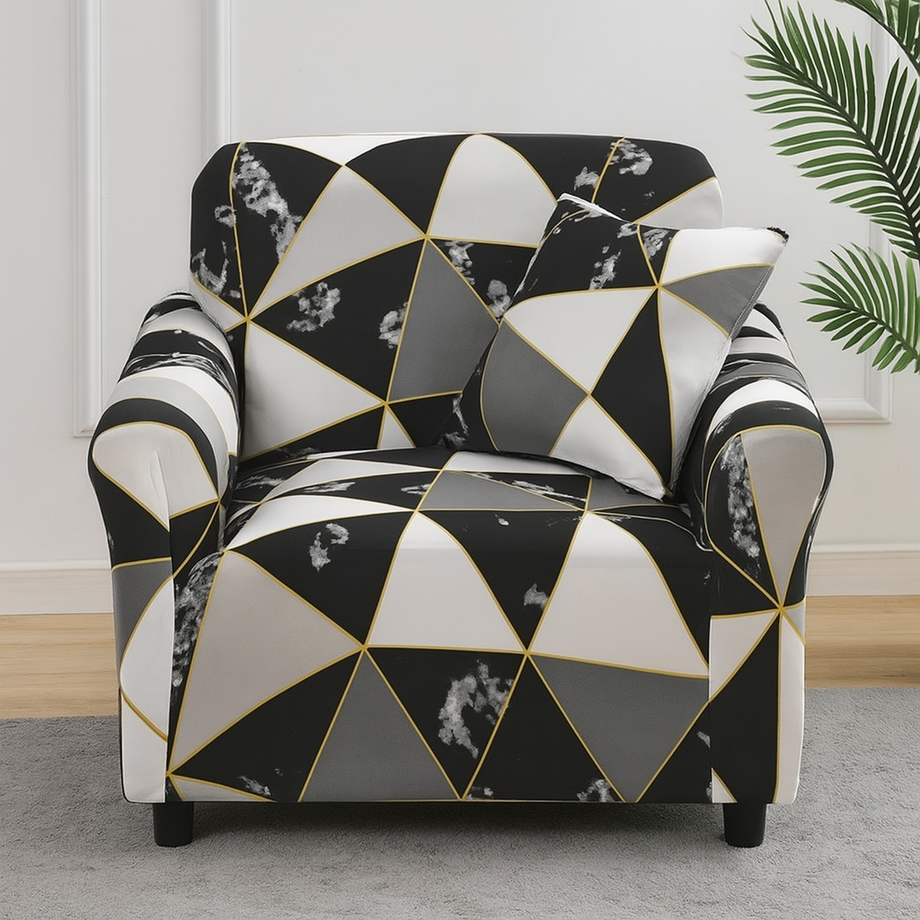 Housse pour fauteuil motif géométrique noir blanc doré – extensible et moderne