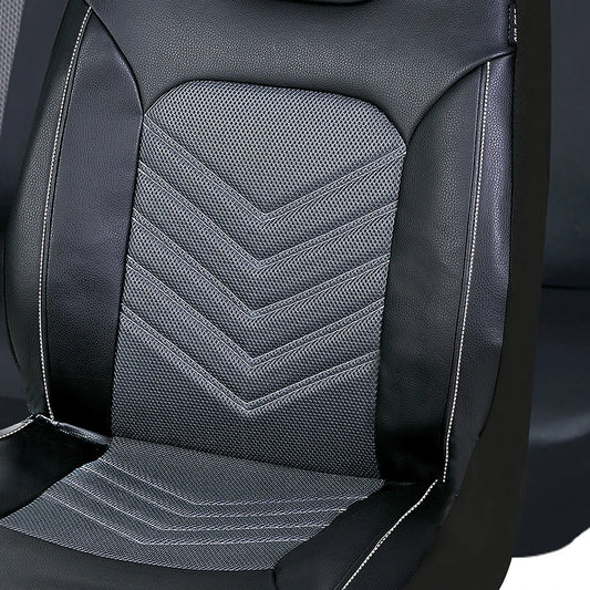 Housses de siège AUTO en cuir PU noir et mesh gris, couvrant sièges avant, banquette et appuie-têtes, style racing. zoom