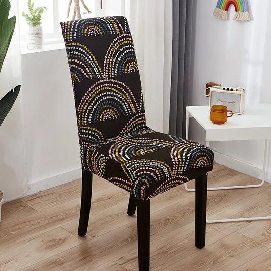 Housse de chaise extensible noire avec motifs arc-en-ciel multicolores