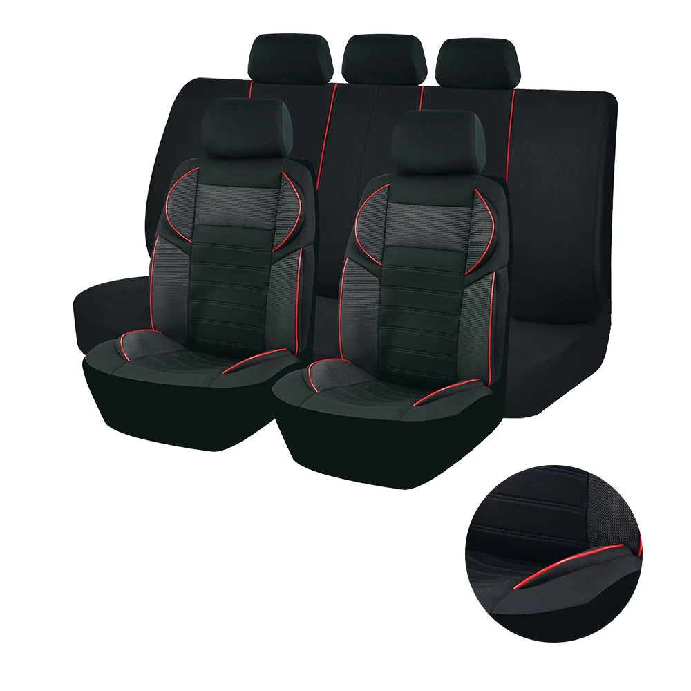 Set de housses de siège sportives AUTO en polyester noir et gris avec surpiqûres contrastées, couvrant sièges avant, banquette et appuie-têtes.