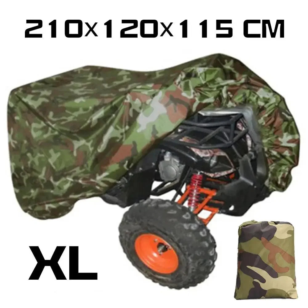 Vue avant d’un quad protégé par une housse imperméable (camouflage) avec dimensions.