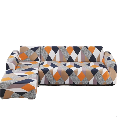 housse de canapé d’angle extensible multicolore motif géométrique orange noir beige