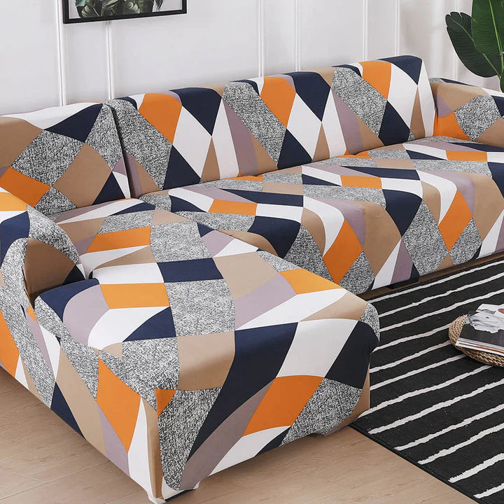 housse de canapé d’angle extensible multicolore motif géométrique orange noir beige