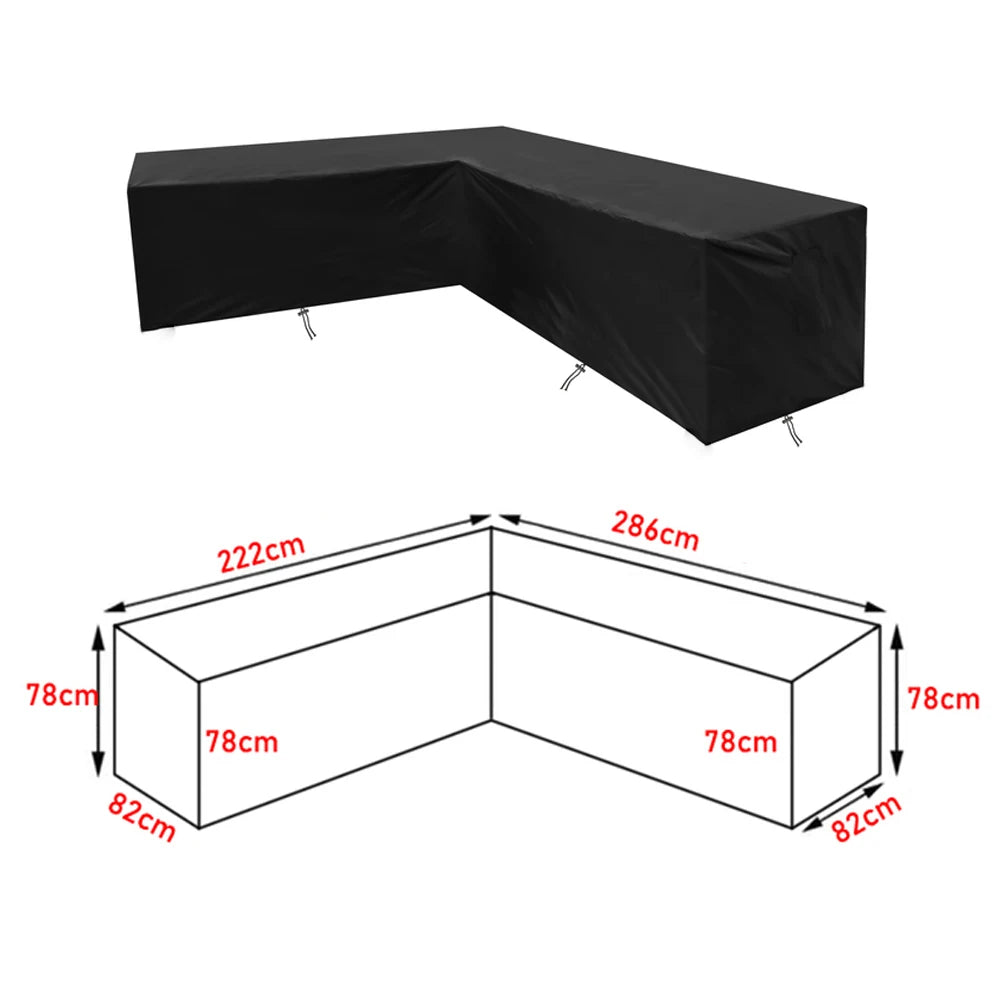 Housse imperméable noire pour canapé de jardin en angle, dimensions 222x286x78x82 cm, équipée de systèmes d’aération.