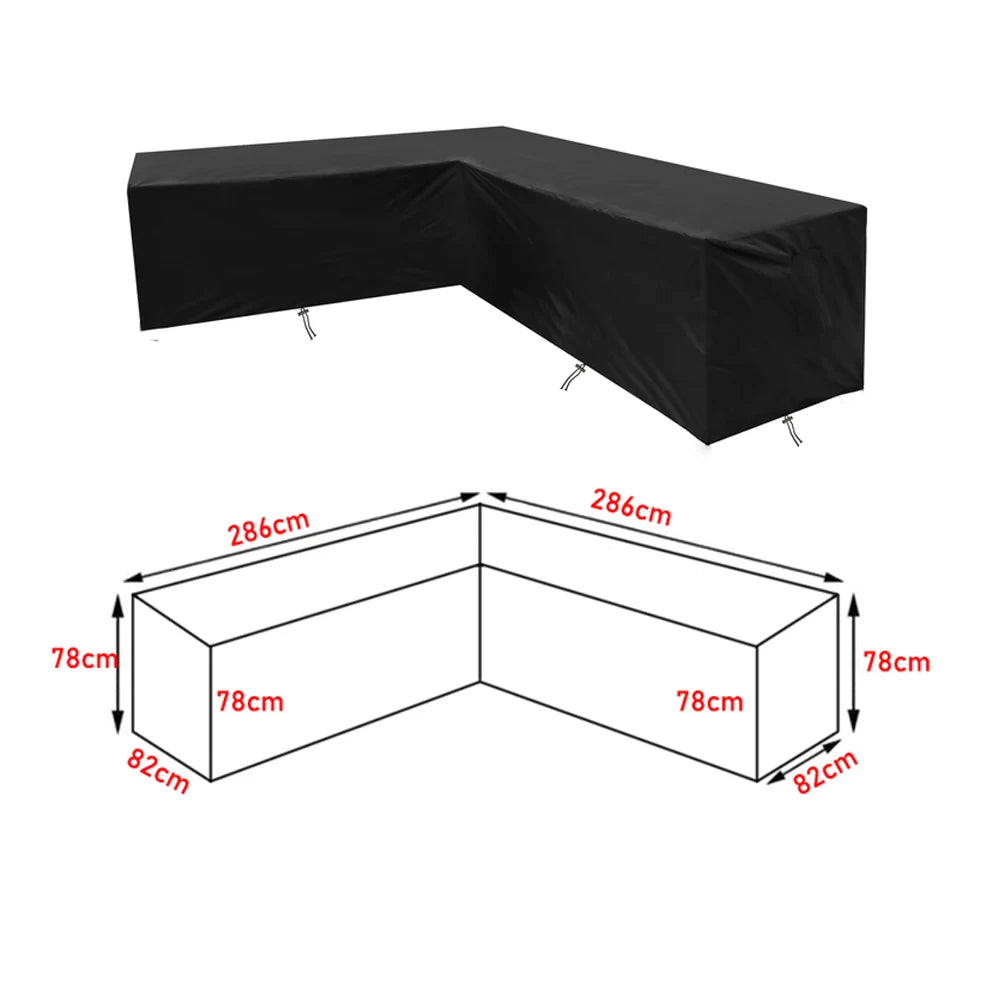 Housse pour canapé d’angle extérieur, couleur noire, dimensions 286x286x78x82 cm, idéale pour toutes saisons