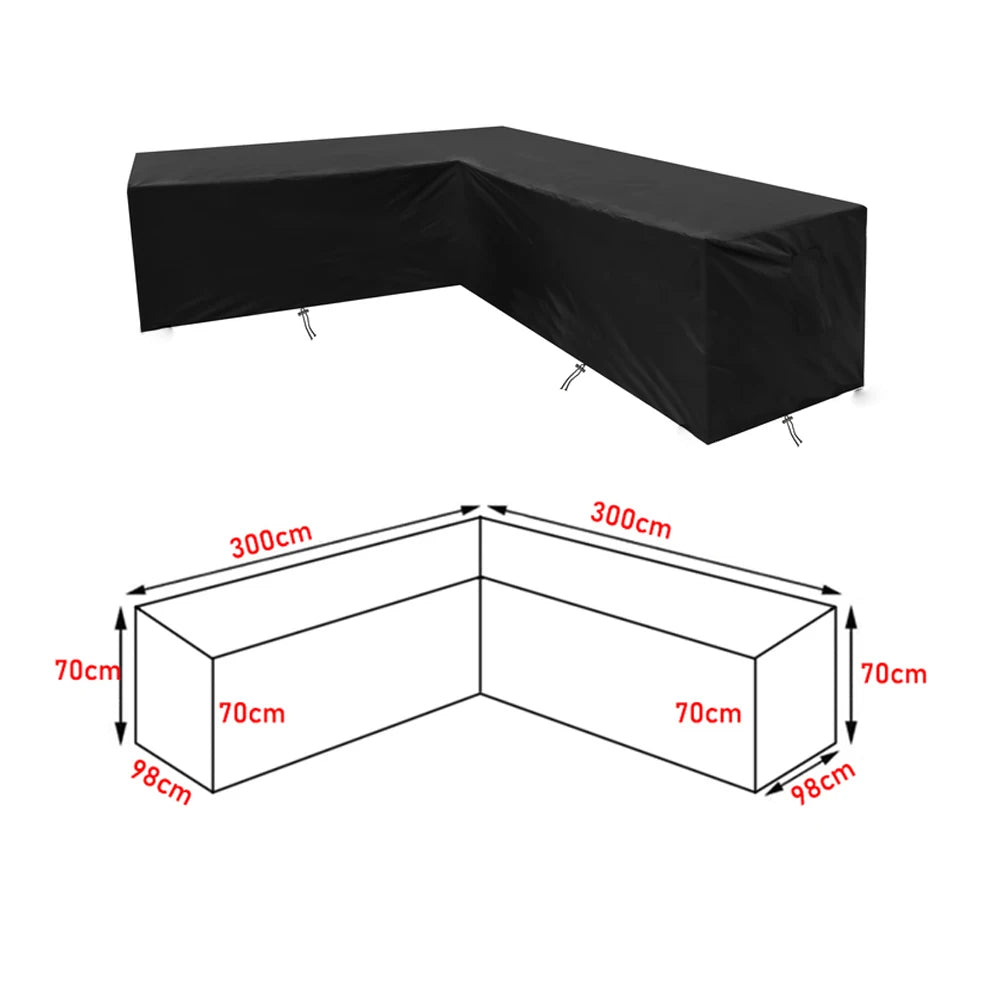 Housse pour canapé d’angle extérieur, couleur noire, dimensions 300x300x70x98 cm, idéale pour toutes saisons