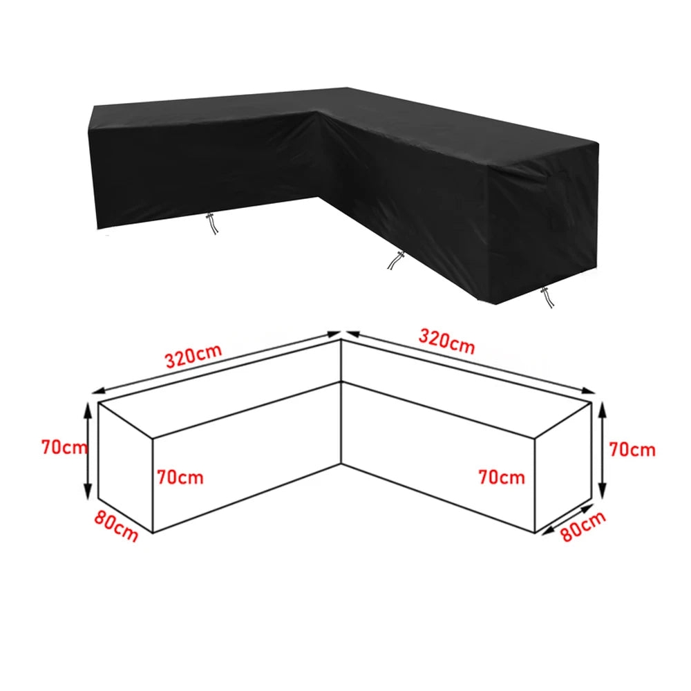 Housse pour canapé d’angle extérieur, couleur noire, dimensions 320x320x70x80 cm, idéale pour toutes saisons