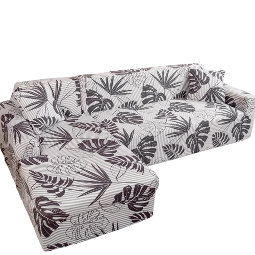 Housse de Canapé d’Angle Extensible – Feuilles Tropicales Noires sur Fond Blanc