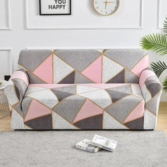 Housse de canapé avec motifs géométriques rose, gris et doré
