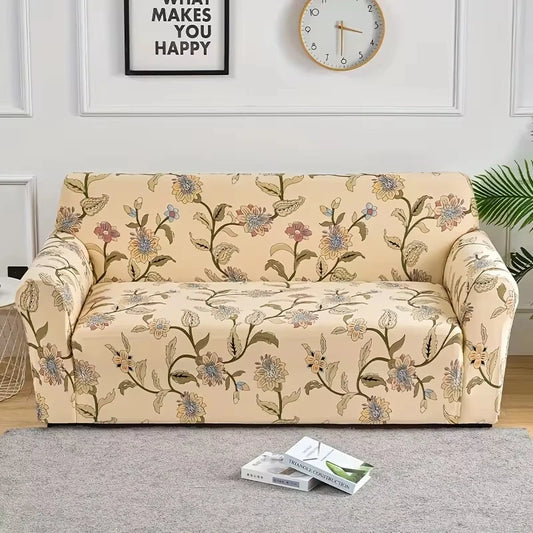 Housse de canapé beige à fleurs champêtres – tissu extensible décoratif