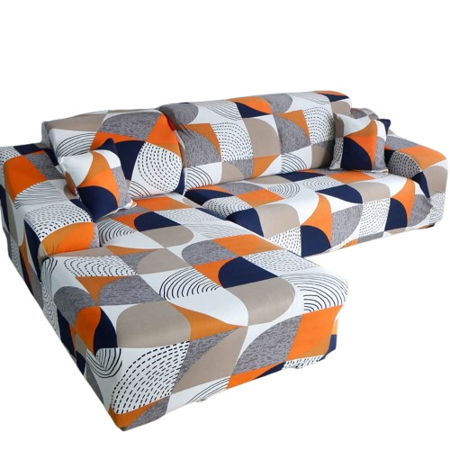 Housse de canapé d’angle extensible design géométrique orange, bleu et beige