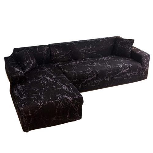 Housse de canapé d'angle noire effet marbre extensible et ajustable