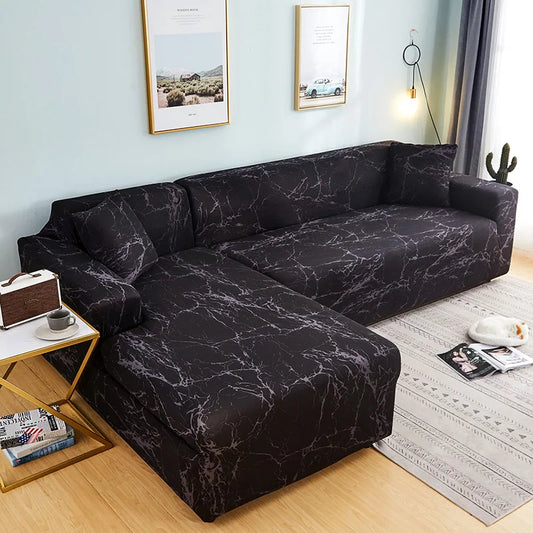 Housse de canapé d'angle noire effet marbre extensible et ajustable