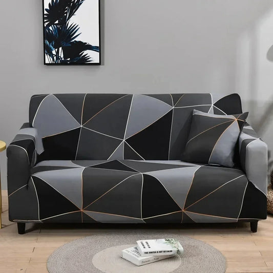 Housse de canapé extensible noire et grise à motif géométrique avec lignes dorées – élégante et ajustable