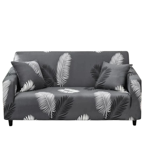 Housse de Canapé Tropicale – Feuilles Noires & Blanches sur Fond Gris
