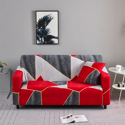 Housse de canapé motif géométrique rouge et gris, style moderne audacieux