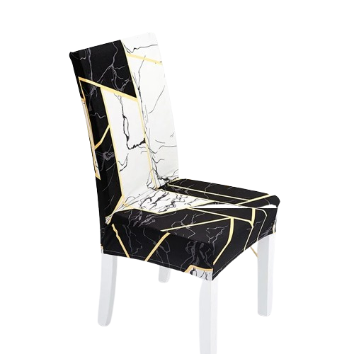 Housse de chaise extensible avec motif marbre noir et blanc et lignes dorées géométriques