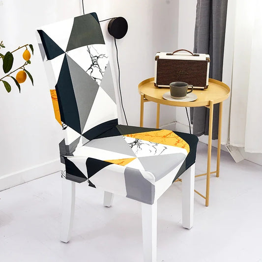 Housse de chaise extensible à motif géométrique orange, gris et noir