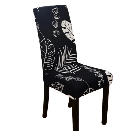 Housse de chaise extensible noire avec motif végétal blanc – design élégant et moderne