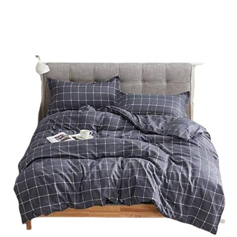 Housse de couette anthracite à motif quadrillé blanc, posée sur un lit double moderne.