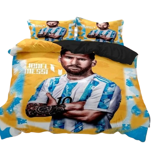 Housse de couette avec portrait 3D de Lionel Messi sur fond jaune et touches bleues.