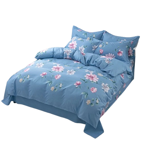 Housse de couette bleu pastel imprimé de fleurs délicates, installée sur un lit moderne.