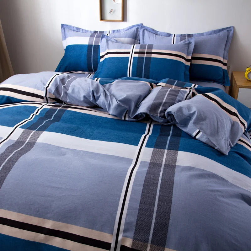 Housse de couette en coton à larges carreaux bleu profond et gris clair