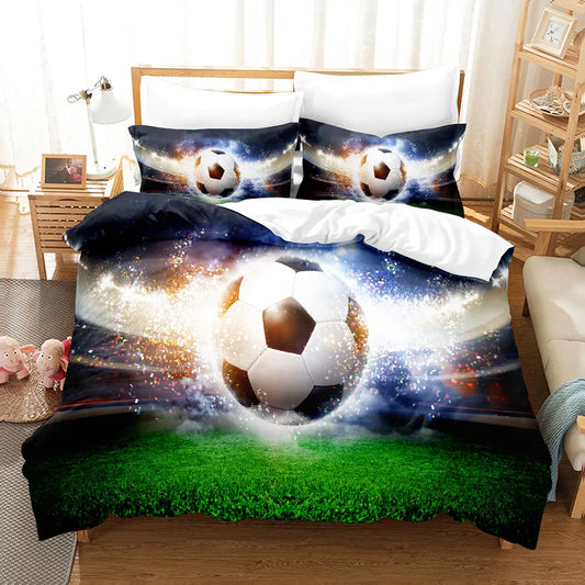 Housse de couette foot 3D « Explosion de but » : ballon de football en plein vol et effets de lumière dans un stade.