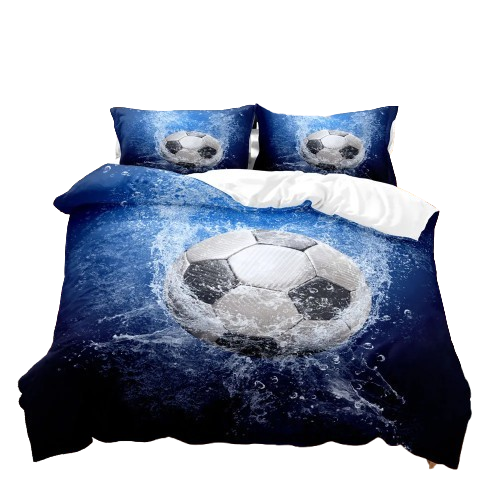 Housse de couette foot 3D avec ballon de football jaillissant d’une gerbe d’eau, en micro-fibre polyester.