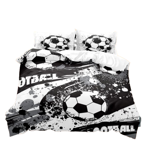 Housse de couette foot “Art Graffiti” à motifs de ballons de football noir et blanc style graffiti.