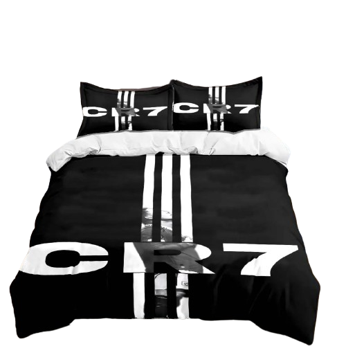 Housse de couette foot CR7 noir et blanc avec motif rayé et logo CR7.
