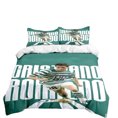 Housse de couette foot Cristiano Ronaldo CR7 Sporting Lisbonne vert et blanc, impression 3D sur microfibre polyester.