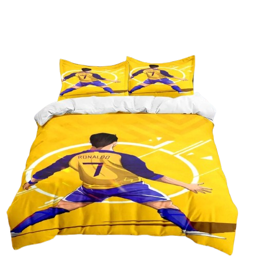 Housse de couette foot Cristiano Ronaldo CR7 couleur jaune, impression 3D sur microfibre polyester.