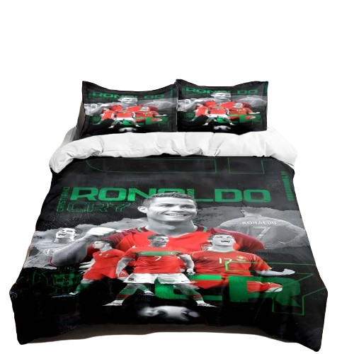 Housse de couette foot Cristiano Ronaldo CR7 en imprimé 3D sur microfibre polyester.