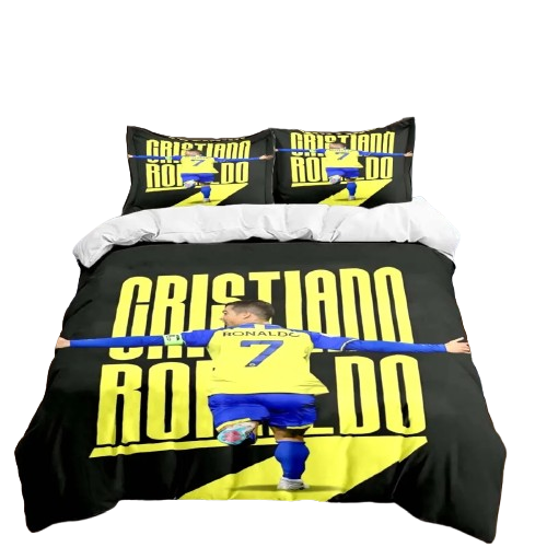 Housse de couette foot Cristiano Ronaldo CR7 jaune et noir en microfibre, impression 3D.