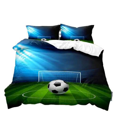 Housse de couette foot “Match Sous Projecteurs” avec terrain et ballon éclairés par des projecteurs.