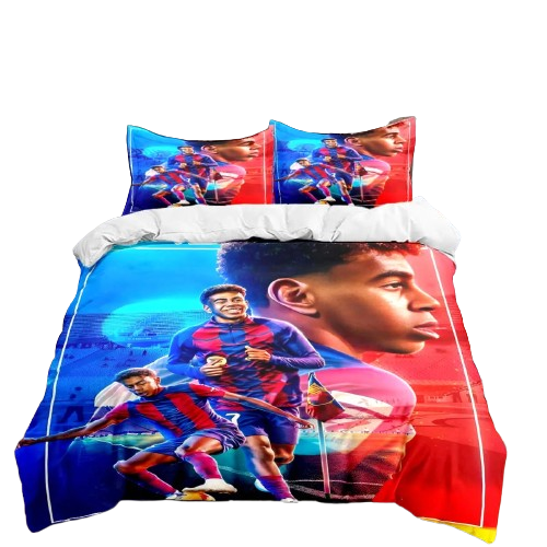 Housse de couette foot Neymar Jr. en impression 3D sur fond bleu, rouge et or.