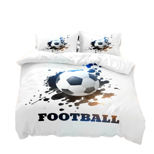 Housse de couette foot “Splash Ball” avec ballon de football 3D jaillissant d’éclaboussures de peinture sur fond blanc.