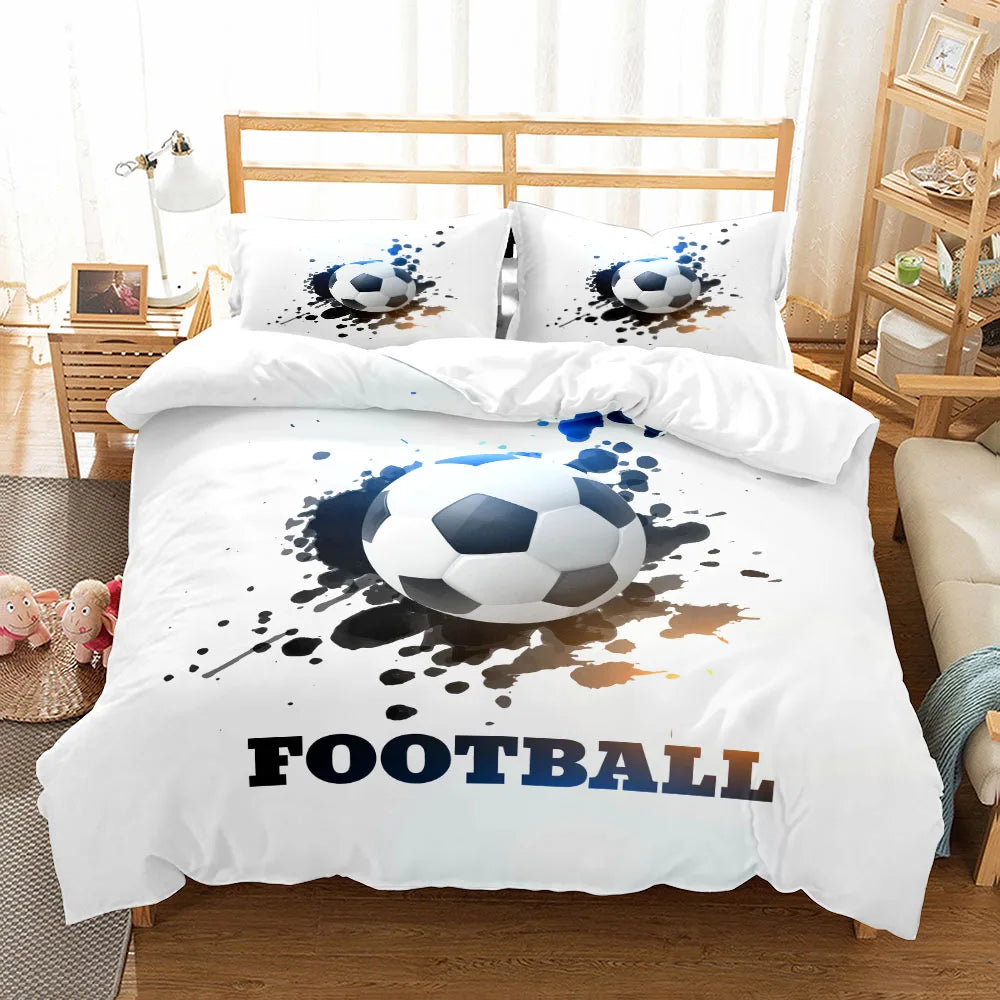 Housse de couette foot “Splash Ball” avec ballon de football 3D jaillissant d’éclaboussures de peinture sur fond blanc.