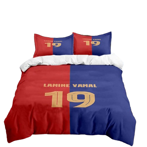 Housse de couette foot Yamal numéro 19 bicolore rouge et bleu.