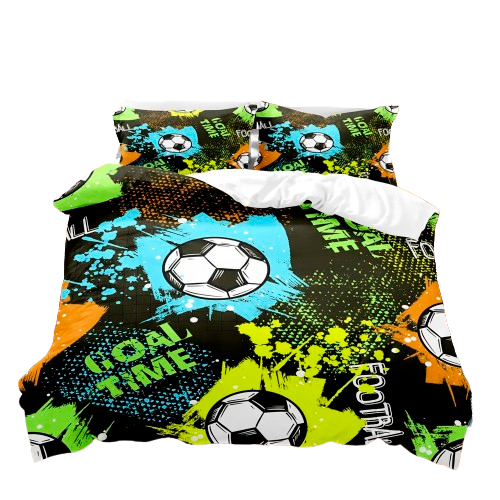 Housse de couette foot motif ballon de football 3D sur fond noir et taches de couleur