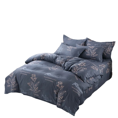 Housse de couette gris ardoise à motif feuillage rose pâle “Romantic” sur un lit moderne.