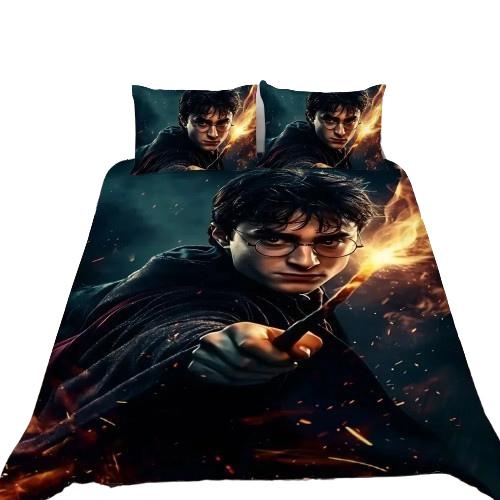 Housse de couette imprimée d’Harry Potter brandissant sa baguette dans un duel, sur un lit moderne.