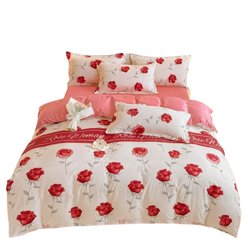 Housse de couette motif roses rouges sur fond crème avec intérieur rose poudré et fermeture zippée invisible.