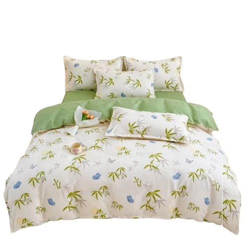Housse de couette motifs feuilles de bambou vertes et papillons bleus sur fond ivoire, revers uni vert, fermeture zippée invisible.