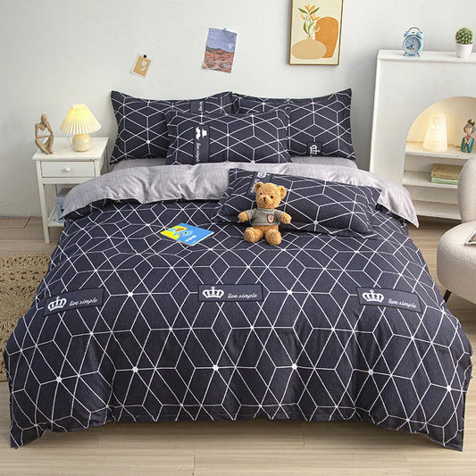 Housse de couette noire imprimée motif géométrique blanc sur lit double