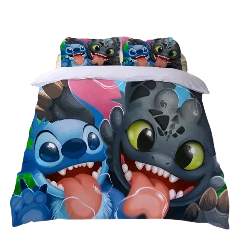Housse de couette pour enfant avec impression 3D de Stitch et Lilo en style cartoon, posée sur un lit.
