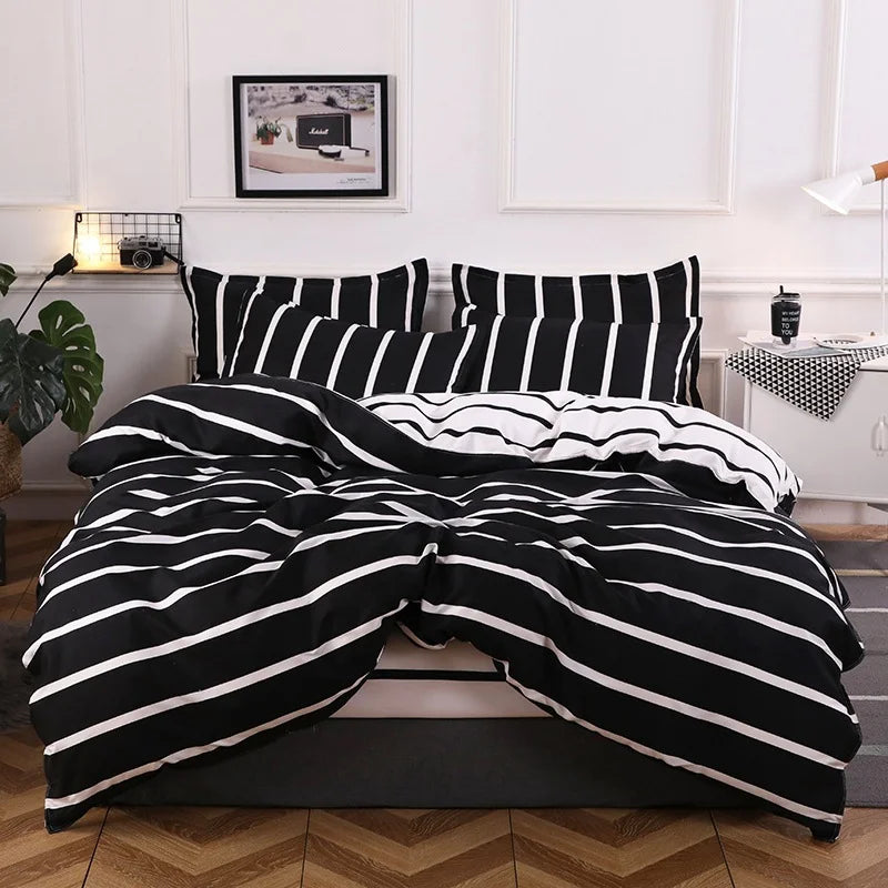 Housse de couette réversible noir et blanc à rayures horizontales et verticales