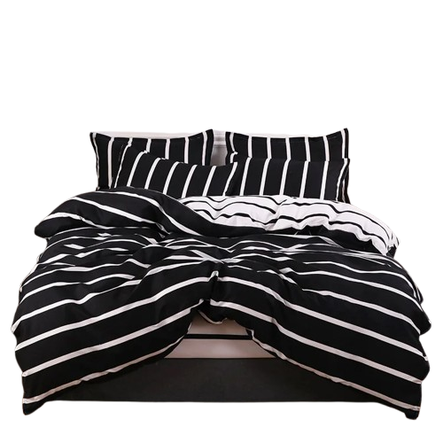 Housse de couette réversible noir et blanc à rayures horizontales et verticales, posée sur un lit double moderne.